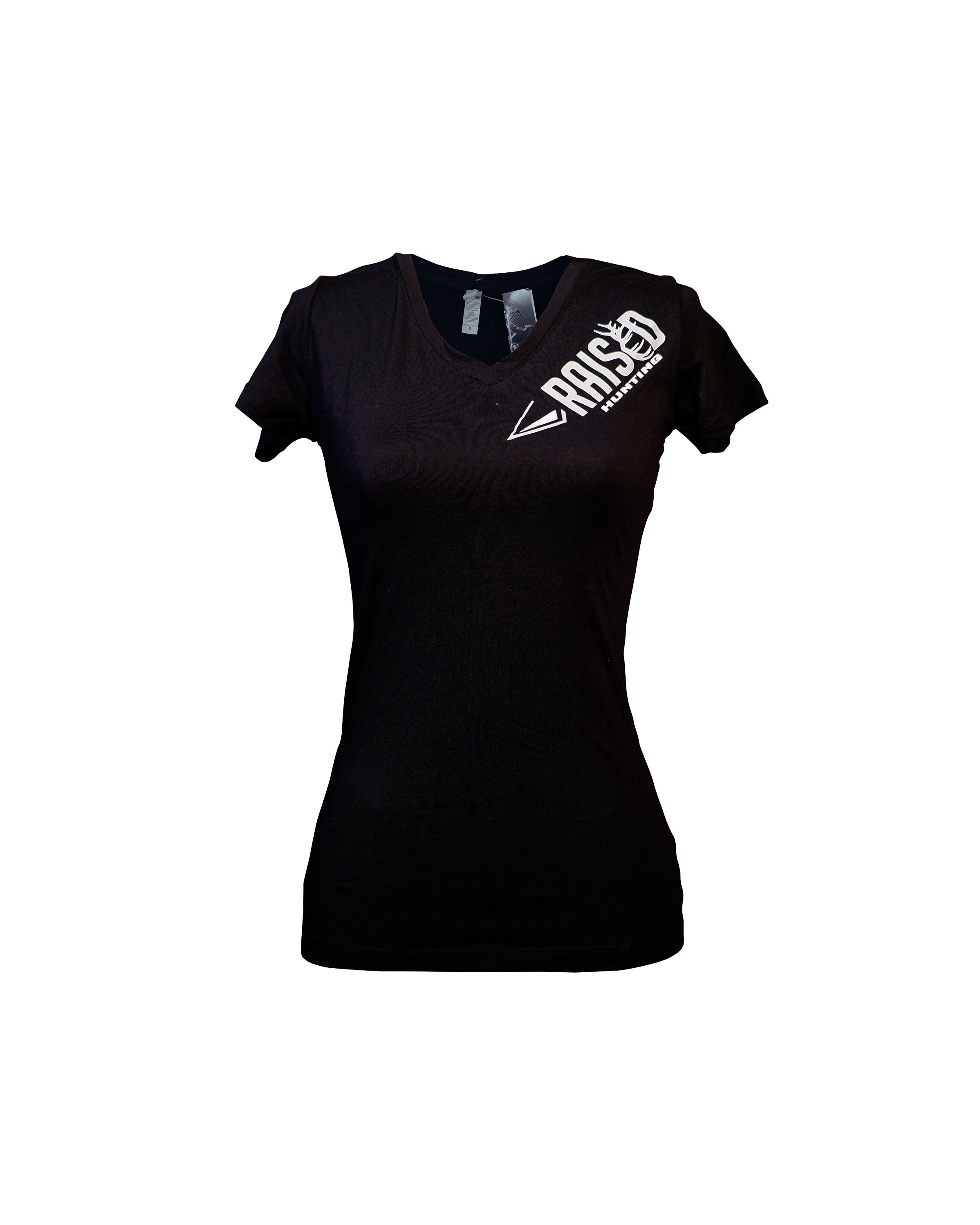 Women's V-Neck Black Original Raised Hunting Logo T-Shirt